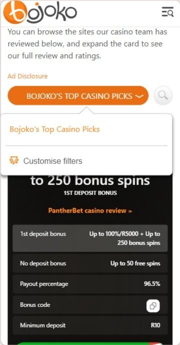 Step 1: Open Customise filters from Bojoko's Top Casino Picks