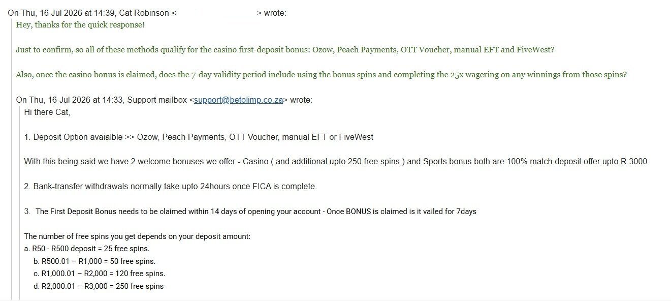 BetOlimp email support screenshot