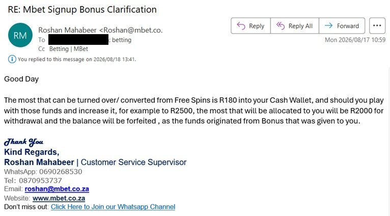 MBet support email explaining the R180 conversion cap and R2,000 eventual withdrawal limit