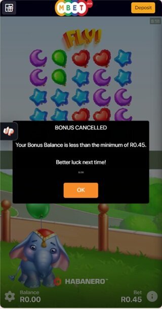 MBet bonus cancelled after the balance fell below the R0.45 minimum stake