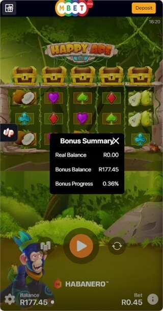 MBet Happy Ape bonus balance and wagering progress during the 400 free spins test