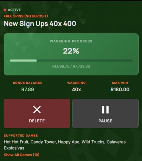 MBet free spins bonus tracker showing 22% wagering progress and a R7,732.80 target