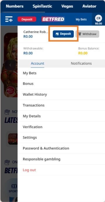 Betfred account menu showing the Deposit button