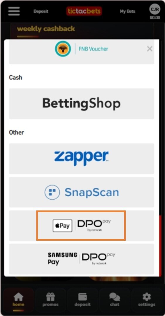 Apple Pay deposit option highlighted in the TicTacBets cashier