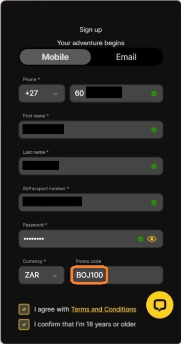 WanejoBets sign-up form with bonus code BOJ100 entered in the promo code field