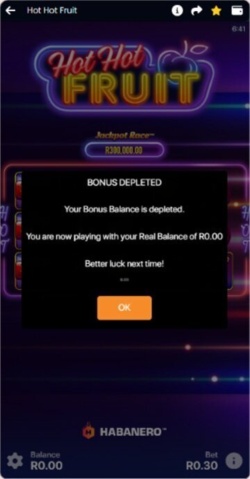 Lucky Fish Hot Hot Fruit popup showing the bonus balance depleted after playing the registration bonus