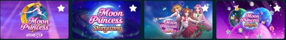 Lucky Fish Play'n GO lobby showing Moon Princess, Moon Princess Stargazing, Moon Princess 100 and Moon Princess Origins