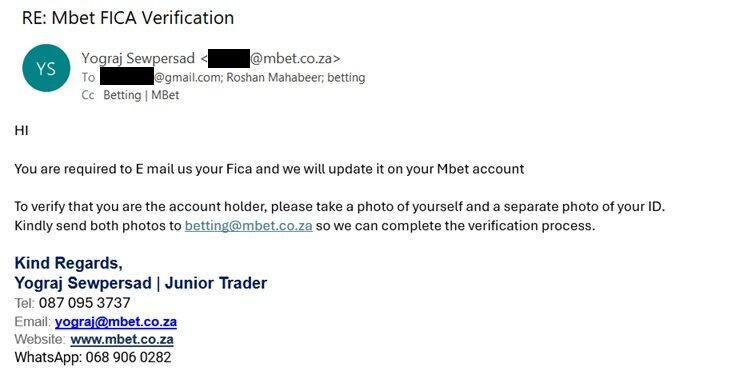 MBet support email explaining that FICA verification requires a selfie and separate photo of your ID
