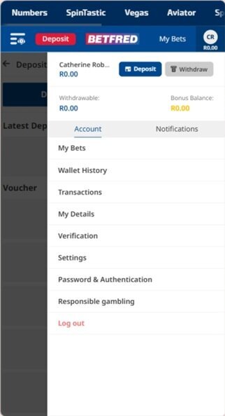 Betfred account menu after verification with deposit option available