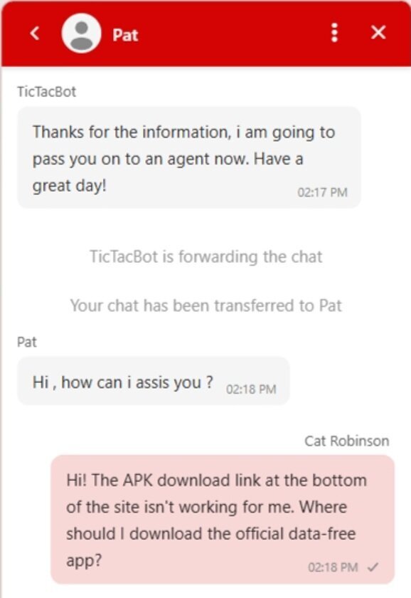 Tic Tac Bets live chat showing agent Pat joining one minute after the bot transfer