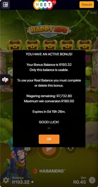 MBet bonus screen showing R193.32 winnings and R7,732.80 wagering remaining