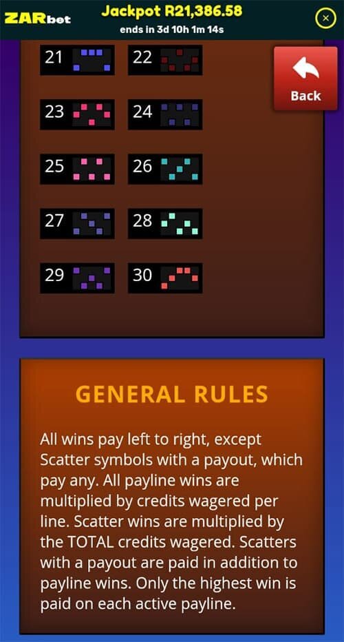 ZARbet mobile in-game info screen