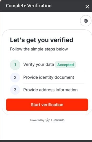 World Sports Betting FICA start verification screen