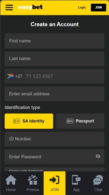 Easybet registration form for new South African players