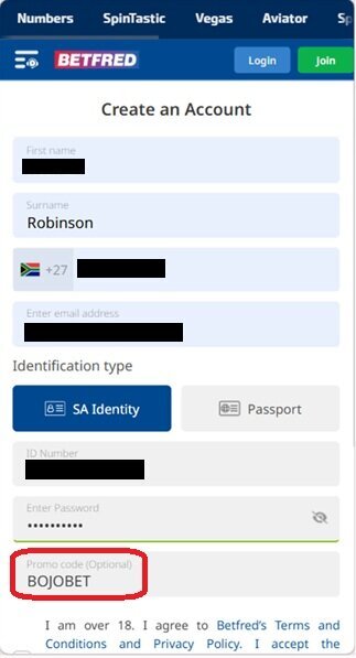 Betfred registration form with BOJOBET entered in the optional promo code field