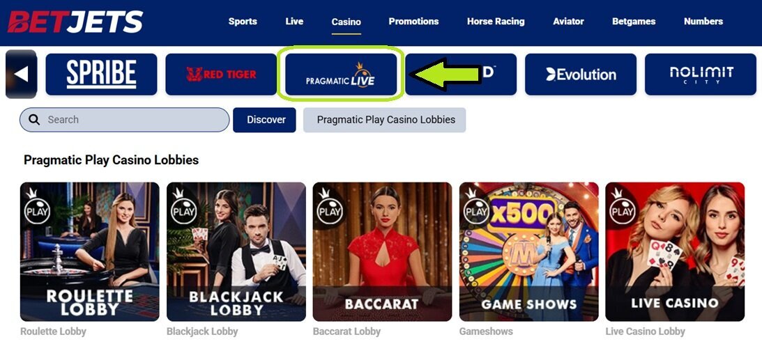BetJets casino showing the Pragmatic Live provider tab and the live roulette, blackjack, baccarat and game show lobbies