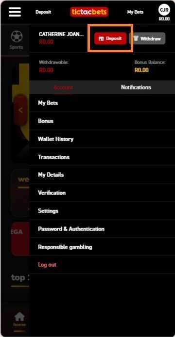 TicTacBets deposit button highlighted in the casino account menu