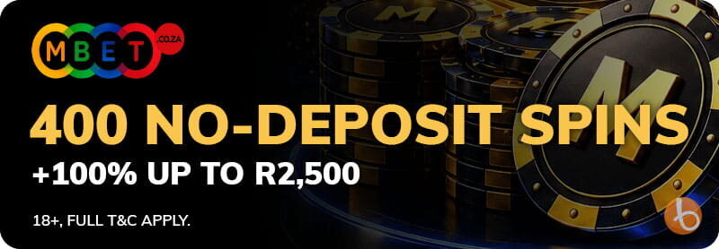 MBet bonus banner 400 no deposit spins and 100% first deposit match