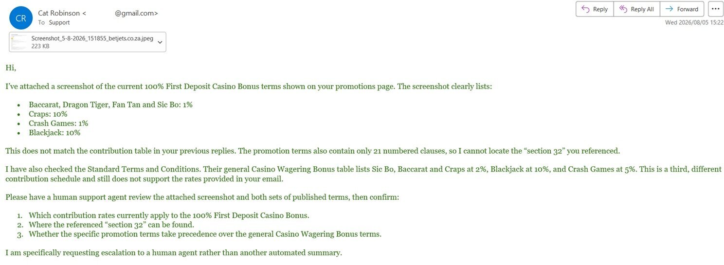 Follow-up email asking BetJets to escalate the conflicting casino bonus terms to a human support agent for review