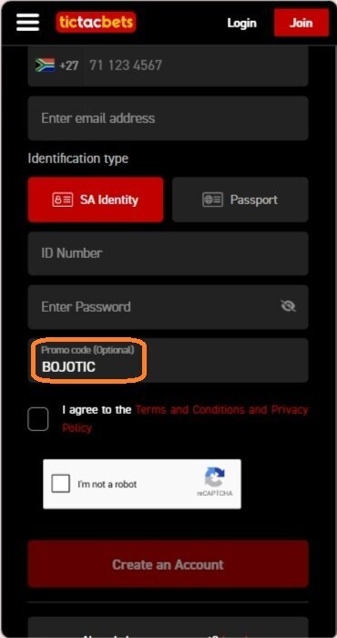Tic Tac Bets registration form showing where to enter promo code BOJOTIC
