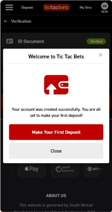 Tic Tac Bets confirmation screen showing the account was created successfully