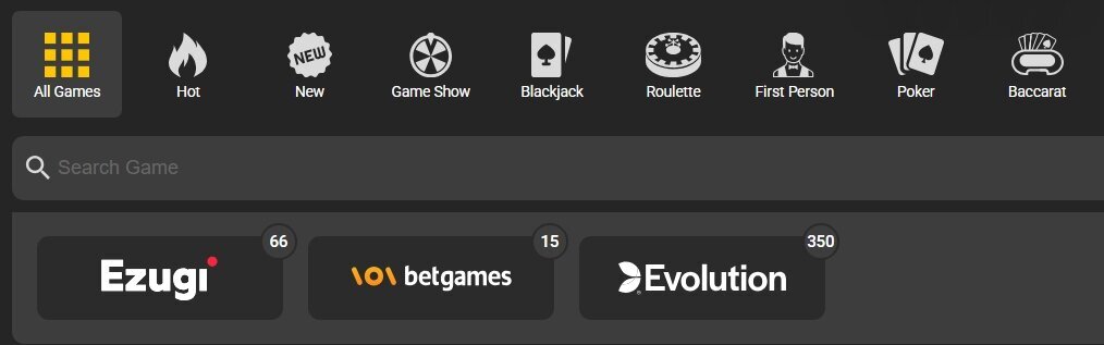 BetOlimp live casino categories and providers