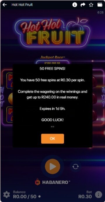 Lucky Fish Hot Hot Fruit popup showing 50 bonus spins at R0.30 per spin and up to R240 in real money
