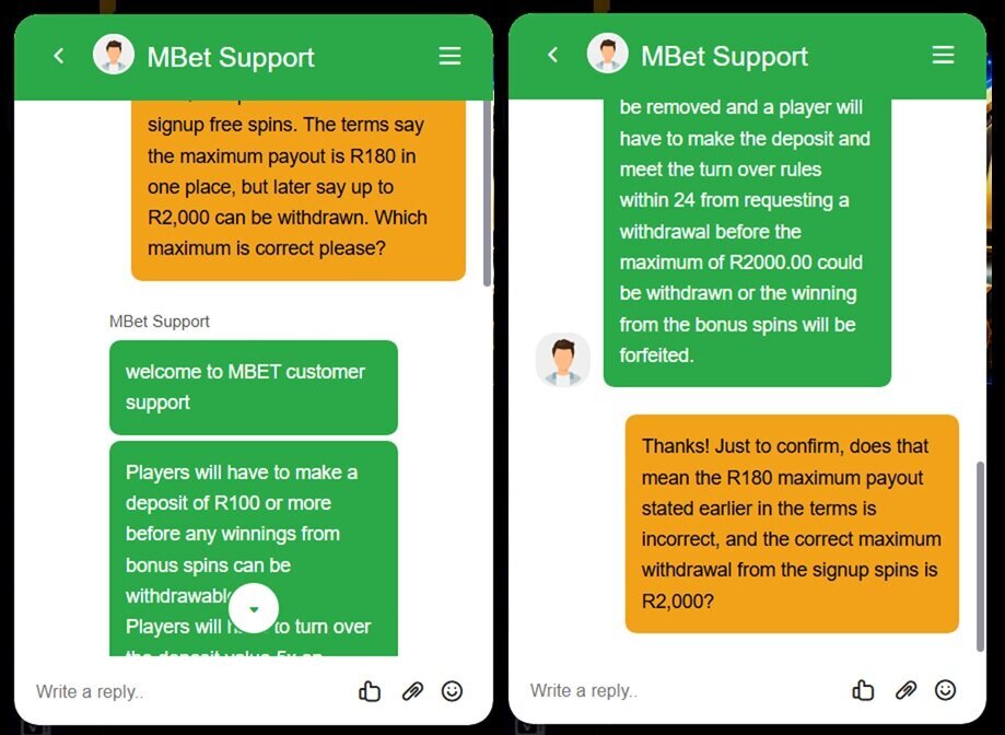 MBet live chat showing a signup bonus payout question, support's response and an unanswered follow-up