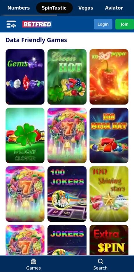 Betfred Data Friendly Games section on mobile with Games and Search buttons at the bottom