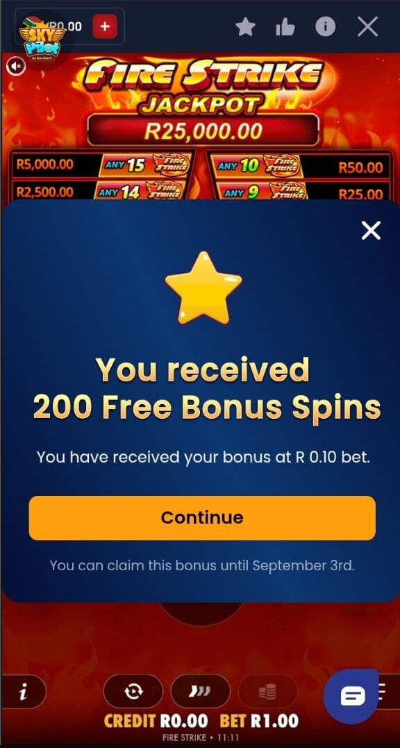 PlayBet 200 free spins awarded at R0.10 per spin during testing