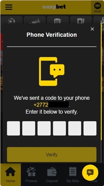 Easybet phone verification screen with SMS code entry