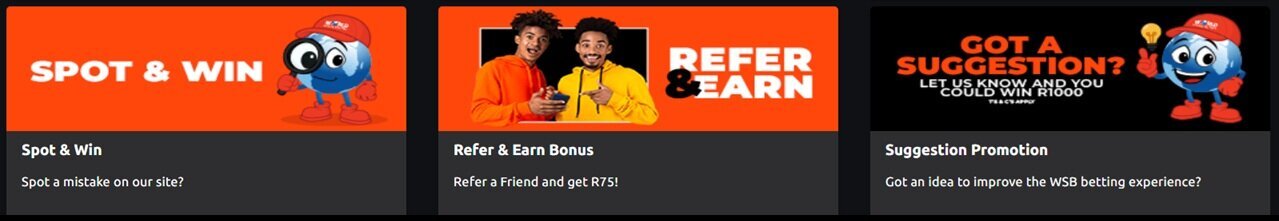 World Sports Betting promotions showing Spot & Win, Refer & Earn Bonus and Suggestion Promotion