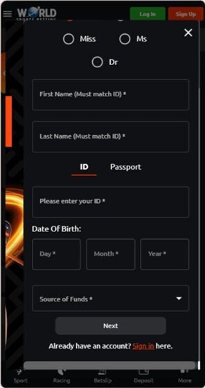 World Sports Betting registration personal details and ID form