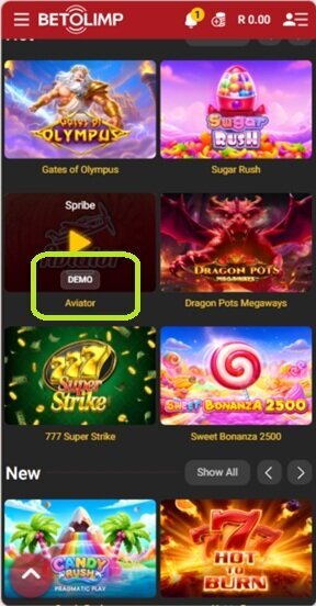 Aviator demo button in the BetOlimp mobile lobby