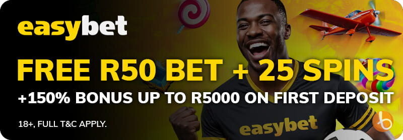 easybet bojoko offer R50 free bet + 25 free spins