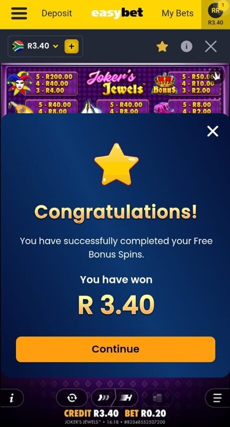 Easybet showing R3.40 won from the 25 free bonus spins