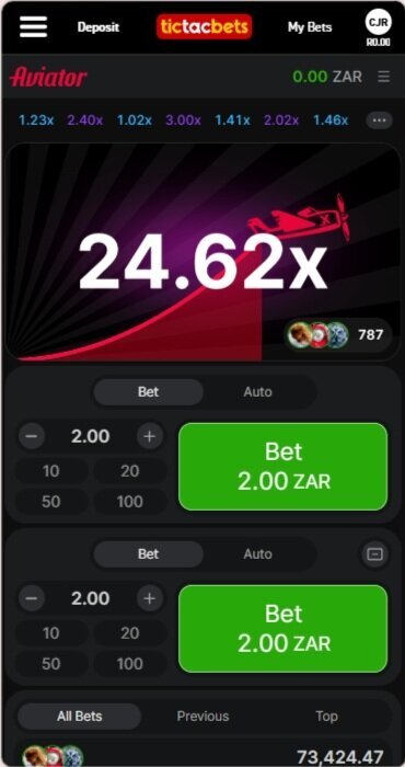 Tic Tac Bets Aviator game in the data-free mobile app