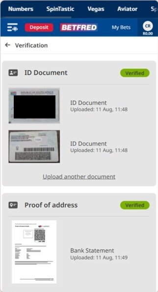 Betfred FICA verification showing ID and proof of address approved