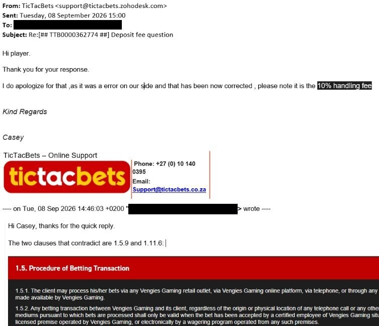 Tic Tac Bets email support confirming the 10% voucher handling fee and correction of its terms