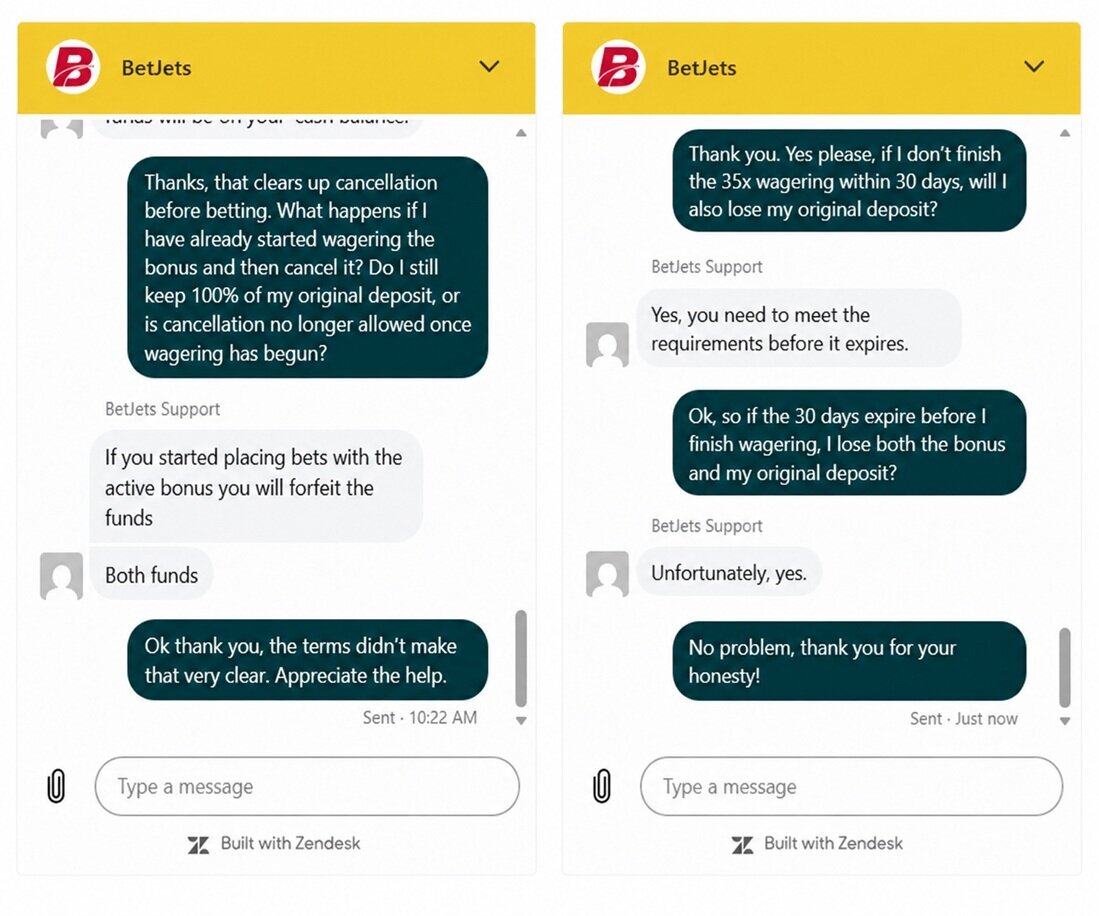 BetJets live chat confirming that cancelling or missing bonus wagering can forfeit both the bonus and original deposit