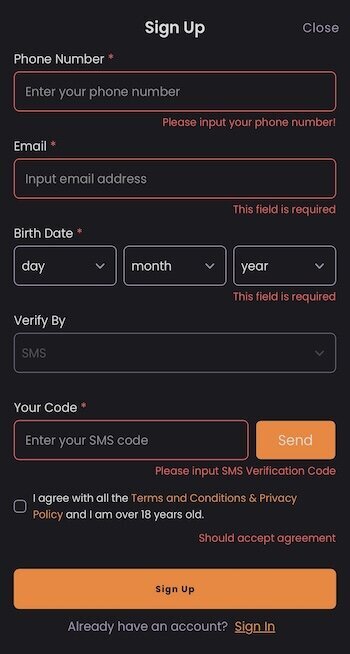 Fill in your information to register at ApexBets
