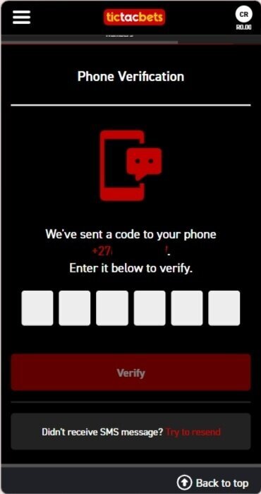 Tic Tac Bets phone verification screen for entering the SMS OTP code