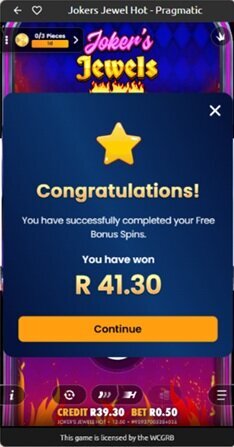 World Sports Betting 100 free spins completed with R41.30 won