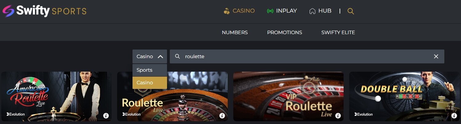 swifty sports search lets you choose between sports and casino