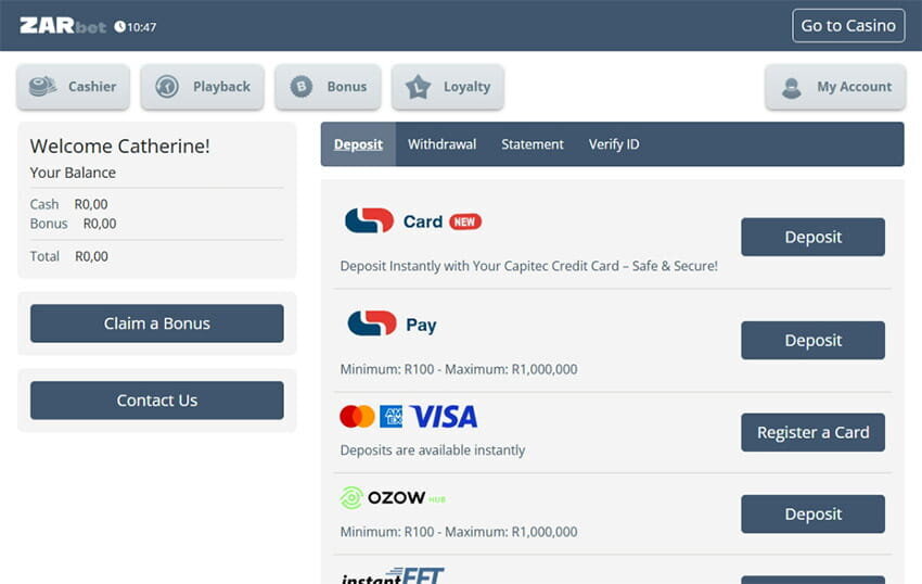 ZARbet cashier page with deposit methods