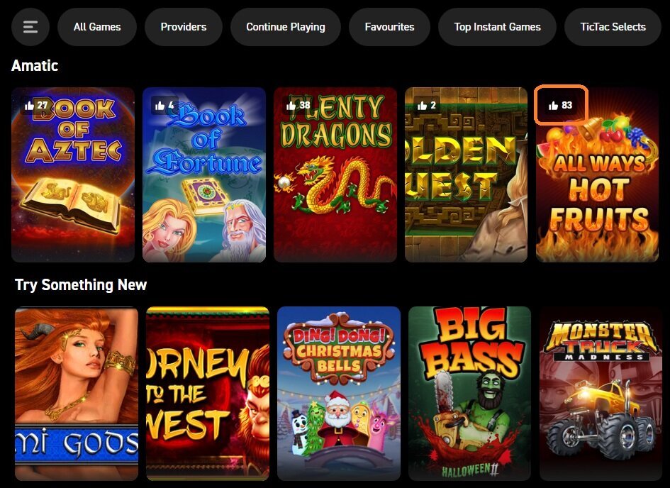 Tic Tac Bets slot lobby showing discovery tools, popularity counts and game categories