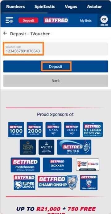 Betfred 1Voucher deposit screen with the voucher code field and Deposit button