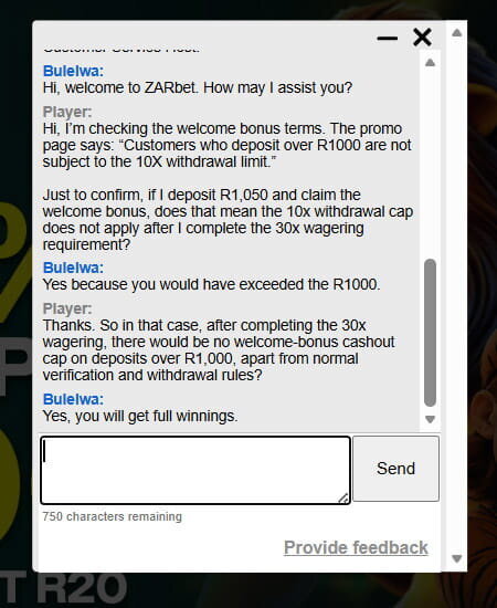 ZARbet live chat confirming the welcome bonus cashout rule