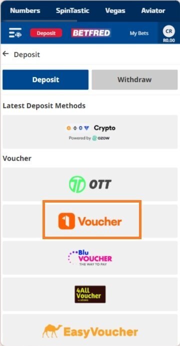 Betfred deposit page showing 1Voucher under voucher payment methods