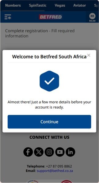 Betfred South Africa registration screen showing account setup is almost complete